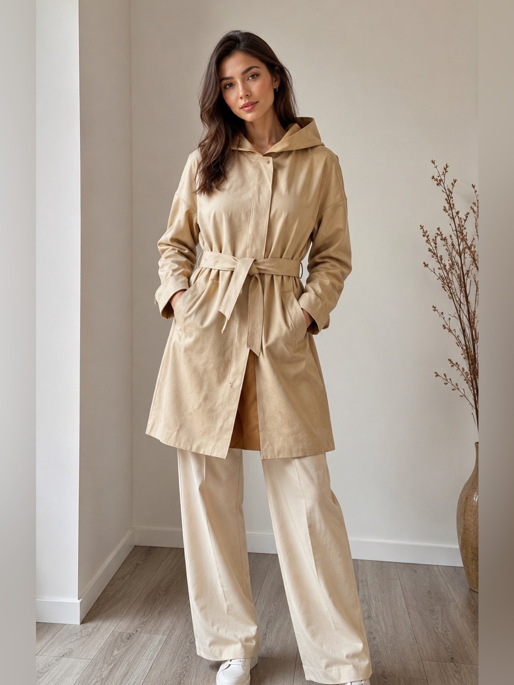 Zara Women’s Faux Suede Belted Hooded Jacket Coat Edgy Capsule Minimalist Beige